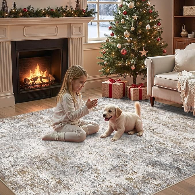 5x7 Area Rug Living Room Rugs - Washable Neutral Modern Abstract Soft Thin Large Rug Indoor Floor No Slip Rug Carpet for Bedroom Under Dining Table Home Office Decor - Brown Grey