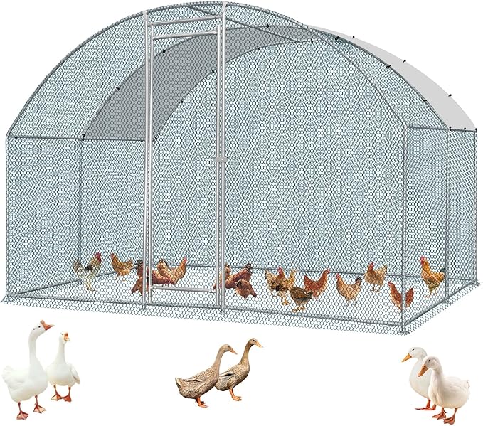 VINGLI Chicken Coop, Large Metal Poultry Cage for Chicken Run, Walk-in Chicken Pen with Waterproof & Anti-UV Cover Outdoor (Silver-Dome Roof, 9.8 * 9.8 * 6.5 ft)