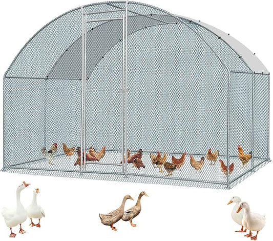 VINGLI Chicken Coop, Large Metal Poultry Cage for Chicken Run, Walk-in Chicken Pen with Waterproof & Anti-UV Cover Outdoor (Silver-Dome Roof, 9.8 * 9.8 * 6.5 ft)