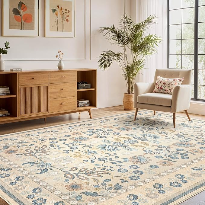 5x8 Area Rug Living Room Rugs - Washable Boho Vintage Floral Large Soft Non Slip Thin Rug Low Pile Carpet for Bedroom Dining Room Kids Playroom Office Decor Indoor- Multi Color