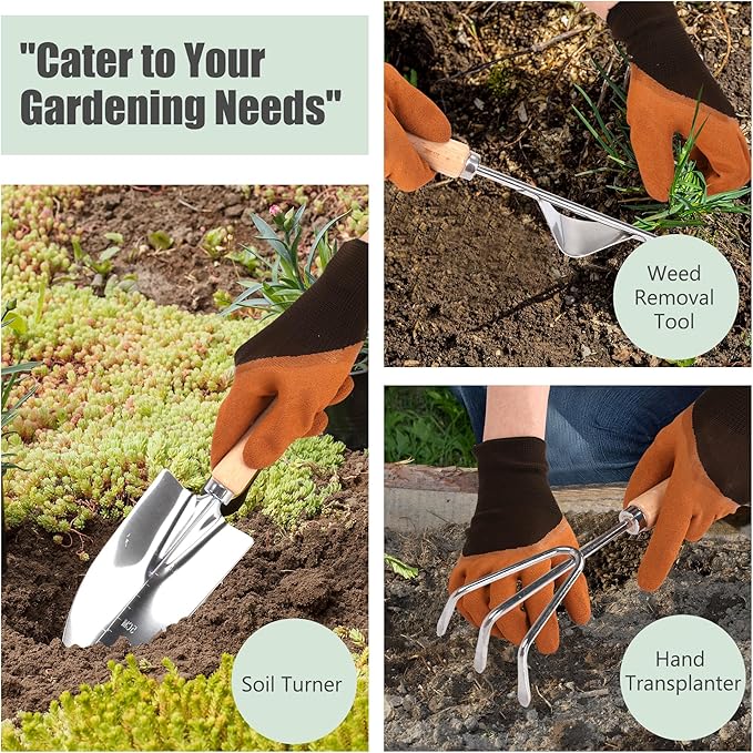 Gardening Tools Set of 10, Heavy Duty Stainless Steel Garden Hand Tools with Floral Tote Bag, Rust-Proof Garden Tools for Gardening, Gardening Gifts for Women, Men and Plant Lover