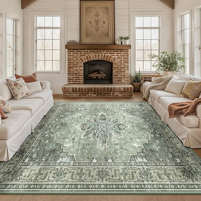 Area Rugs Square 8ft Washable Non-Slip, Floral Vintage Distress Print Pattern Medallion Carpet for Living Room Bedroom Dining Room, Dark Green Gray