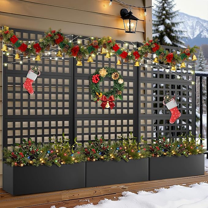 FENCY Metal Raised Garden Bed with Trellis, Metal Planter Box with Trellis, Garden Box for Climbing Plants Vegetable, 35''Lx16''Wx71''H Garden Bed with Drainage Holes(Black)