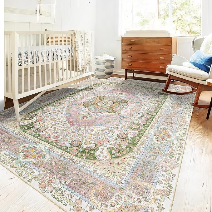 5x7 Area Rugs Washable,Pink Rug for Living Room Bedroom Kitchen,Large Boho Vintage Bohemian Distressed Carpet Non Slip,Blush Green