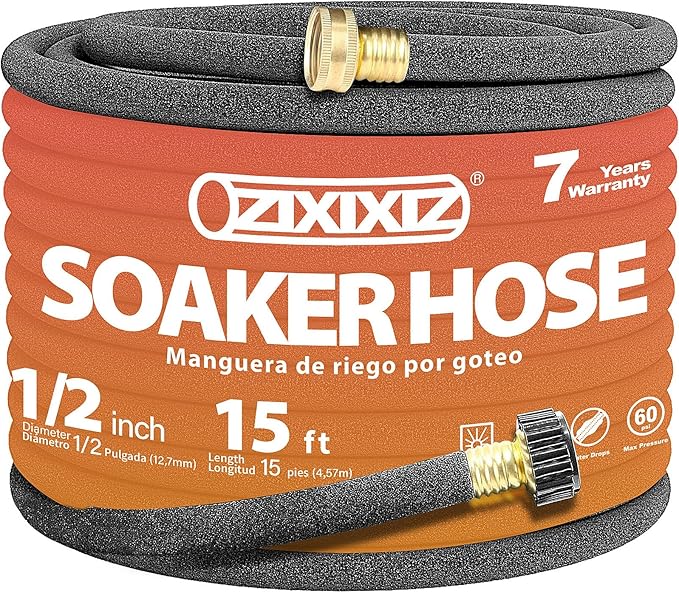 15FT Heavy-Duty 1/2 Inch Soaker Hose with 3/4 Inch Solid Brass Connector - Leakproof Garden Watering System for Gardens, Lawns, Flower & Vegetable Beds