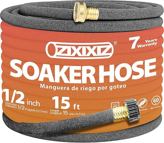 15FT Heavy-Duty 1/2 Inch Soaker Hose with 3/4 Inch Solid Brass Connector - Leakproof Garden Watering System for Gardens, Lawns, Flower & Vegetable Beds