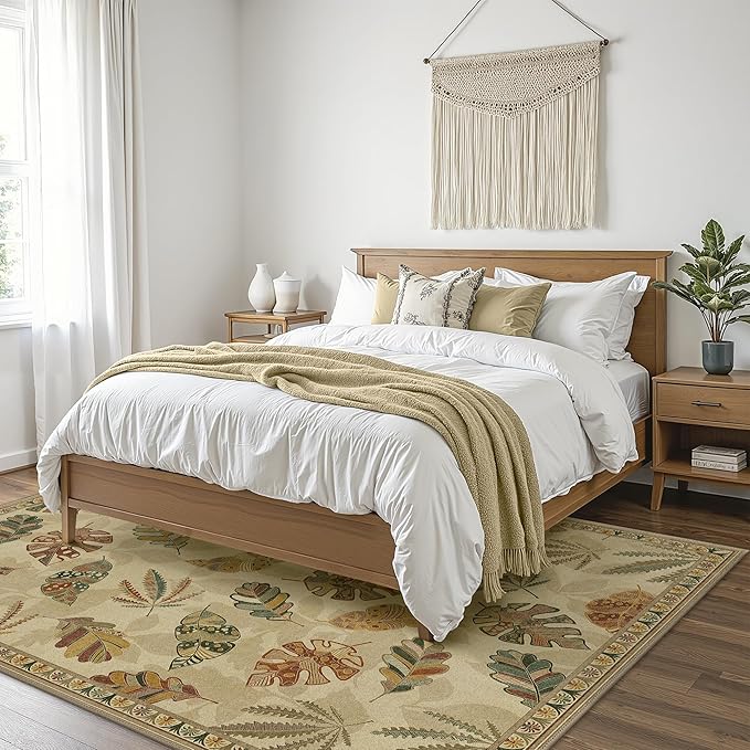 GENIMO 8x10 Area Rugs for Living Room, Machine Washable Non Slip Vintage Retro Rugs, Low Pile Soft Chenille Print Rug for Bedroom, Dining Room, Home Office, Leafy Daylight