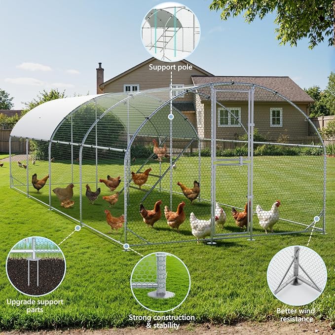 Large Chicken Coop,10x26x6.5FT Metal Chicken Run for Yard with Feeding Door, Round Top Walk-in Chicken Pen,Outdoor Poultry Cage with Anti-UV Cover,Rabbit Duck House