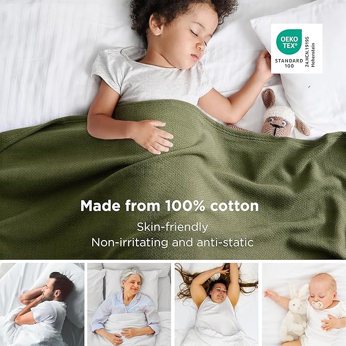 Bedsure GentleSoft 100% Cotton Blanket Queen Size for Bed - Breathable and Lightweight, Soft Cozy Textured Herringbone Woven Blanket for Summer, Olive Green, 90x90 inches