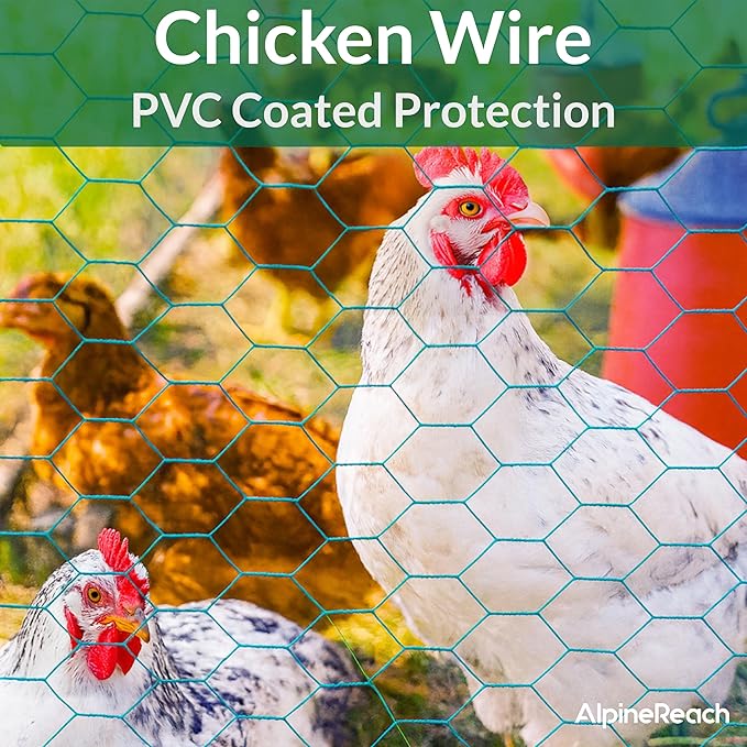 AlpineReach Chicken Wire 1.3ft x 27ft (15.6" x 324") for Floral Arrangements, Zip Ties - Green Mesh Roll Galvanized Hexagonal PVC Coated Garden Netting for Fencing, Crafts, Poultry, Gardening Fence