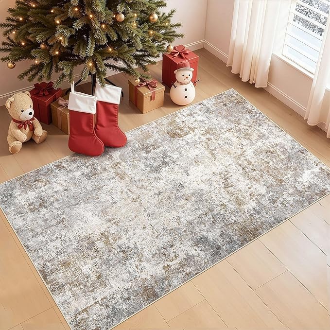 3x5 Area Rug Living Room Rugs - Washable Neutral Modern Abstract Soft Thin Rug Indoor Floor No Slip Rug Carpet for Bedroom Under Dining Table Home Office Decor - Brown Grey