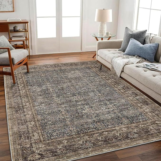 Washable Area Rug 4'x6' Traditional Floor Cover Foldable Thin Rugs Retro Kitchen Indoor Distressed Non Slip Carpet Floral Print Mat Bedroom Living Room