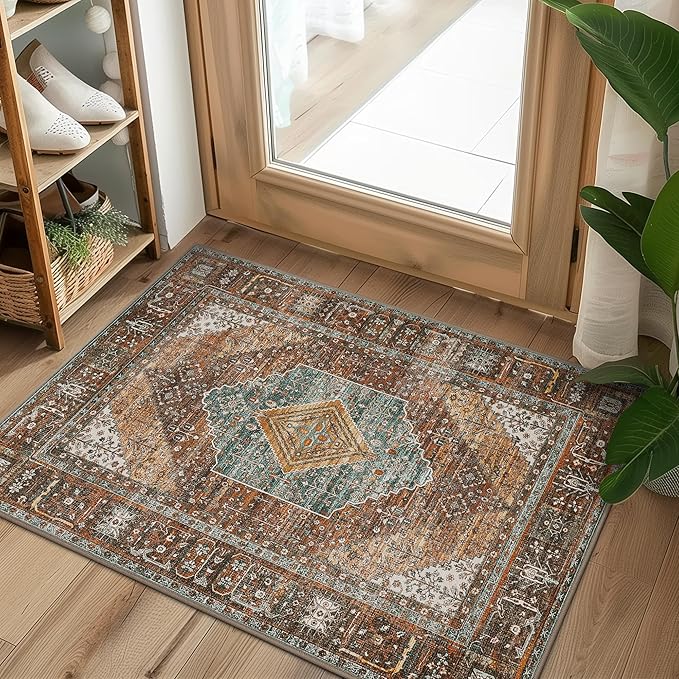 GENIMO Area Rug 2x3 Indoor Machine Washable Doormat, Low Pile Vintage Rugs, Small Retro Lightweight Entryway Mat for Entrance, Hallway, Kitchen and Corridor, Vintage Brown/Blue