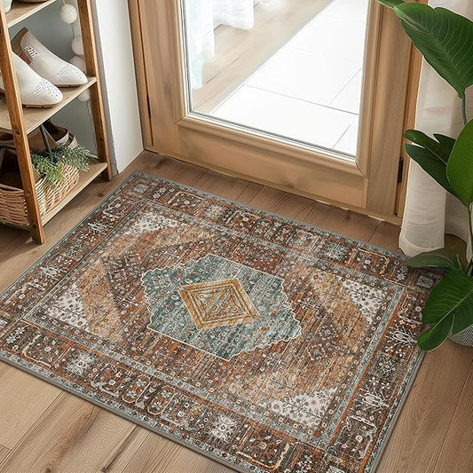 GENIMO Area Rug 2x3 Indoor Machine Washable Doormat, Low Pile Vintage Rugs, Small Retro Lightweight Entryway Mat for Entrance, Hallway, Kitchen and Corridor, Vintage Brown/Blue