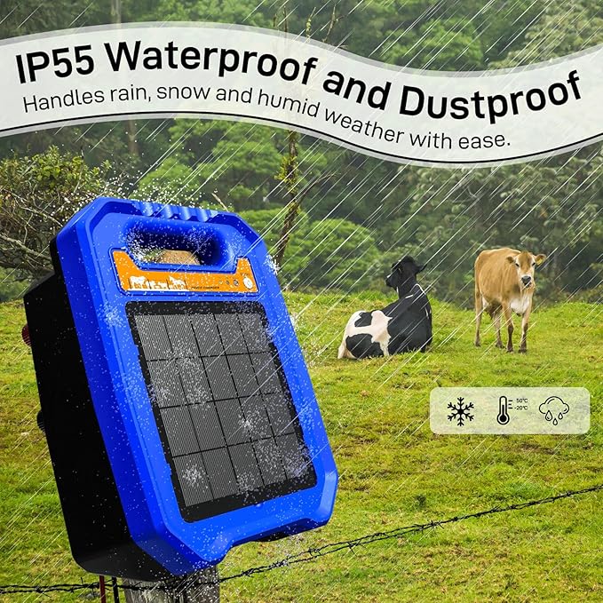 Solar Electric Fence Charger for Livestock, Low Consumption Electric Fence Controller with Smart Day/Night Mode, Suitable for Pasture or Garden Fencing