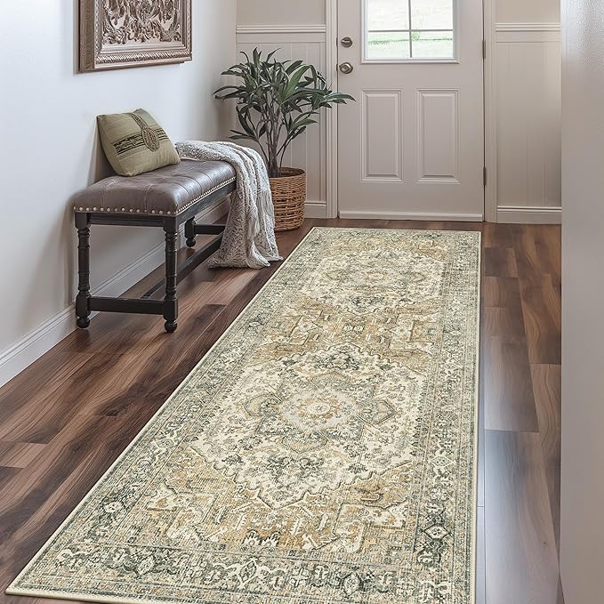 GENIMO Machine Washable 8x10 Area Rugs for Living Room, Non Slip Vintage Rugs, Low Pile Lightweight Chenille Print Rug for Bedroom, Dining Room, Home Office, Earthy Brown