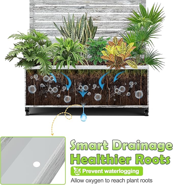 15.7"×70.9"×35.4" Metal Raised Garden Bed with Trellis and Wheels - Tall Trellis Planter Box for Climbing Plants, Vegetables & Vines - Outdoor Privacy Planters for Patio (White Oak Grain)