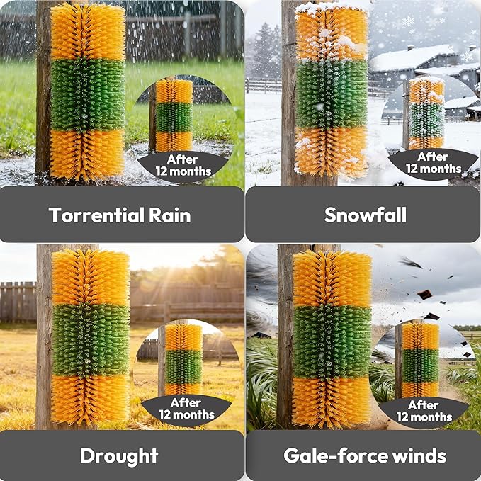 Livestock Scratching Brush 2-Pack — Cattle Horse Goat Pig Sheep Grooming Post with 16 Screws, Weather-Resistant Barn Fence Mount