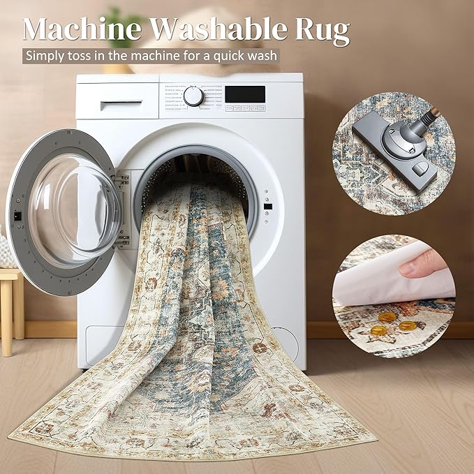 Area Rug for Living Room - 7x9 Soft Washable Oriental Vintage Floral Distressed Large Carpet - Fade Stain Resistant Non Slip Rugs for Bedroom Dining Room Nursery Dorm Office Home Decor - Blue Golden