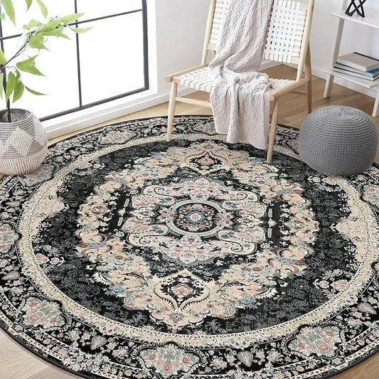 Black Round Rug 6ft,Large Circle Area Rugs for Bedroom Living Room Dining Room,Washable Boho Vintage Bohemian Distressed Oriental Carpet Non Slip,Floral