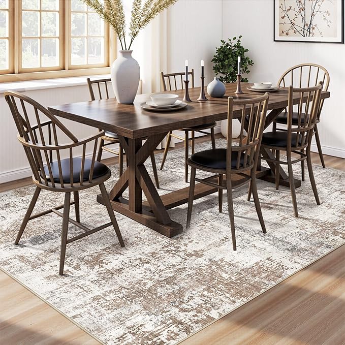 Area Rug Living Room Rugs - Washable Neutral Modern Abstract Soft Thin Rug Indoor Floor No Slip Rug Carpet for Bedroom Under Dining Table Home Office Decor - Brown/Grey/Red - 8x10