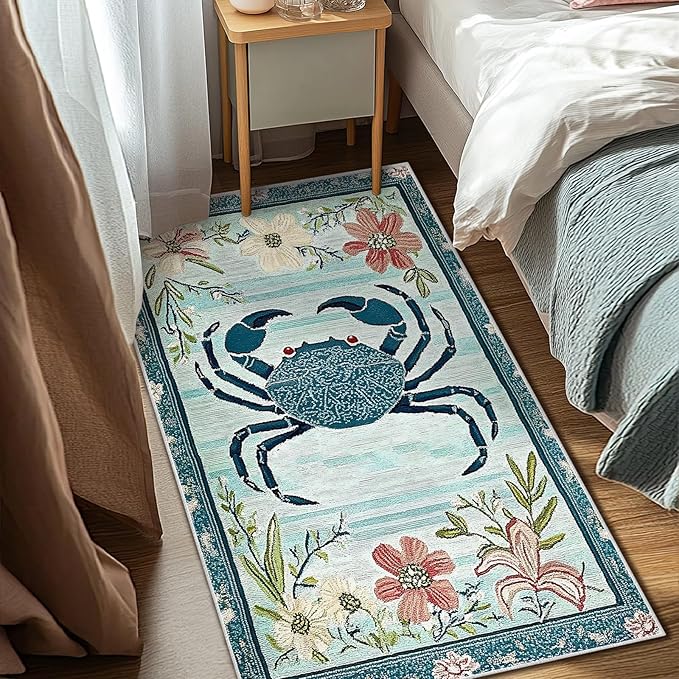 3x5 Crab Area Rugs Boho Teal Rug for Bathroom Kitchen Entryway Indoor Soft Non-Slip Thin Hippie Carpet Small Floral Doormat for Office Dining Room Home Decor Under Table Washable Machine