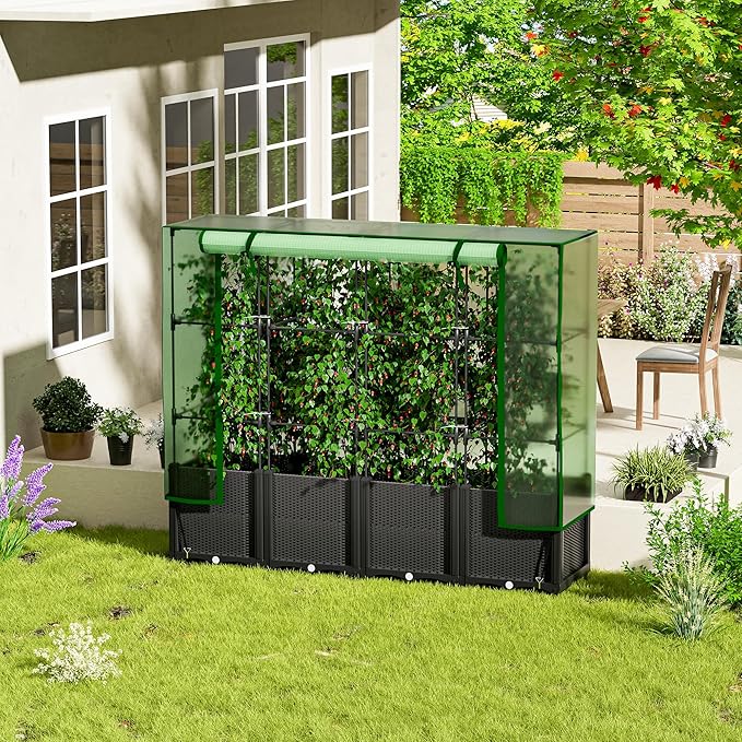 Onelike 64'' x 16'' x 55.5'' Plastic Raised Garden Bed with Greenhouse Cover and Trellis, Vertical Tomato Planters for Climbing Plants, Self Watering System Tomatoes Cage for Patio,Black,Large
