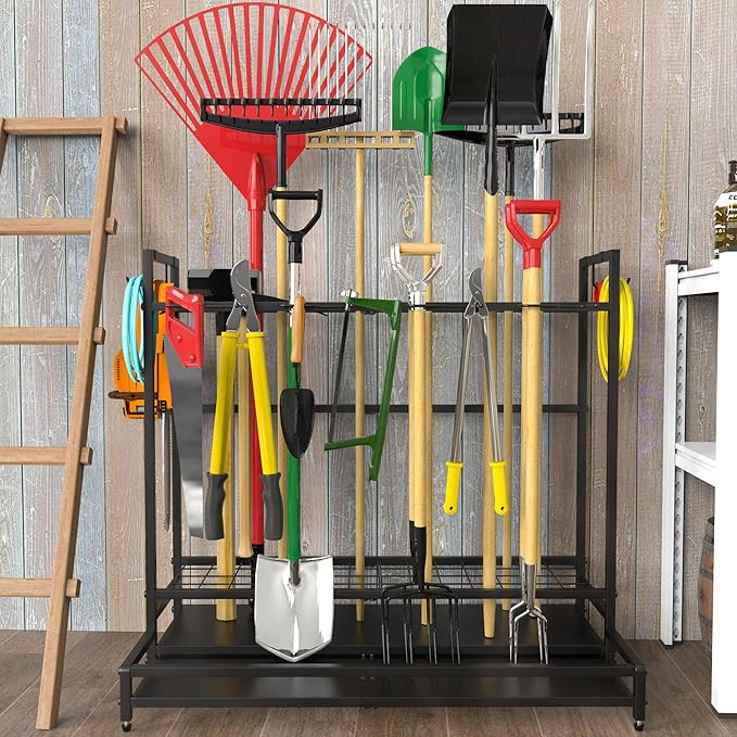 Garden Tool Organizer for Garage, Yard Tool Rack, Holds Up to 64 Long-Handled Tools, Black Metal Garden Tools Rack Storage with Hooks for Yard Shed Garage Organization