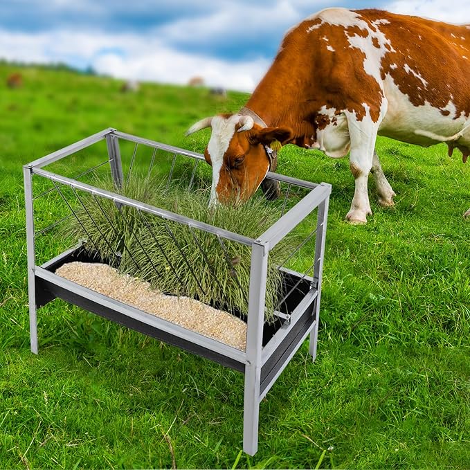 Feed Trough, 2-in-1 Grain & Hay Feeder Livestock Feeding Trough, Rectangular Livestock Feeder Trough Pasture Farm Sheds Pen for Horse, Goat, Sheep, Cattle, Cow, Pig