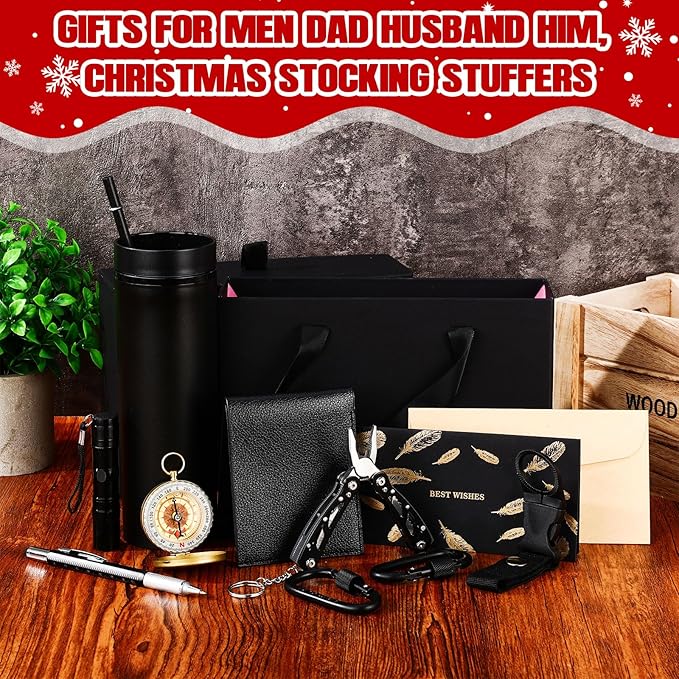 12 Pack Christmas Birthday Gift Basket for Men Survival Kit Tumbler Compass Multitool Pliers Flashlight Pen Whistle Wallet Camping and Survival Tools Xmas Gift Box for Dad Boyfriend Husband