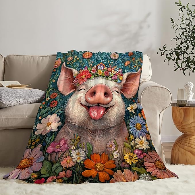 Pig Blanket Gifts for Girls Boys Soft Warm Plush Cute Pig Flower Throw Blanket Flannel Fleece Fuzzy Animal Blankets for Women Man Kids Lover Bed Couch Living Room Decor 60"X50"