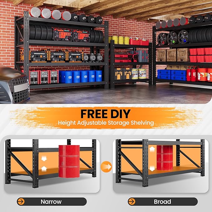 Set of 2 Storage Shelves, 48” Wide Heavy Duty Garage Shelving Units, 4 Tiers Rack Shelf, 24” Deep Steel Industrial Shelving, 3000LBS Adjustable Standing Shelf for Warehouse / Shop 48"W x 24"D x 70"H