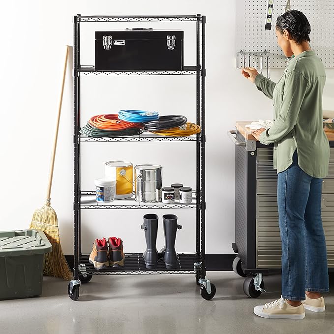 Amazon Basics 5-Shelf Adjustable, Heavy Duty Storage Shelving Unit on 4'' Wheel Casters, Metal Organizer Wire Rack, 30" L x 14" W x 64.75" H, Black