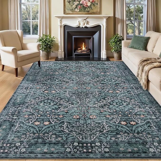 Washable Area Rug 9x12 Living Room Rug,Retro Green Rug for Dining Room Entryway Bedroom Farmhouse Nursery Home Office,Low Pile Stain & Slip Resistant Large Carpet for Bedroom