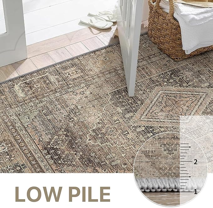 GENIMO 2x10 Runner Rugs for Hallway, Machine Washable Non Slip Vintage Rugs, Low Pile Lightweight Soft Print Rug for enrtyway, Corridor, Home Office, Kitchen, Chestnut Brown