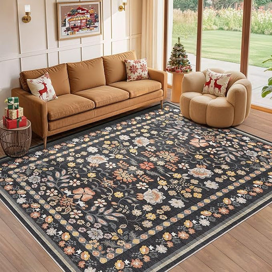 6x9 Area Rug Living Room Rugs - Washable Boho Vintage Floral Large Soft Non Slip Thin Rug Low Pile Carpet for Bedroom Dining Room Kids Playroom Office Decor Indoor- Black Grey