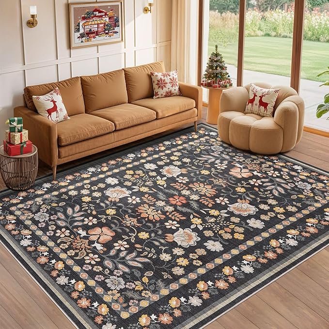 8x10 Area Living Room Rugs - Washable Boho Vintage Floral Large Soft Non Slip Thin Rug Low Pile Carpet for Bedroom Dining Room Kids Playroom Office Decor Indoor- Black Grey