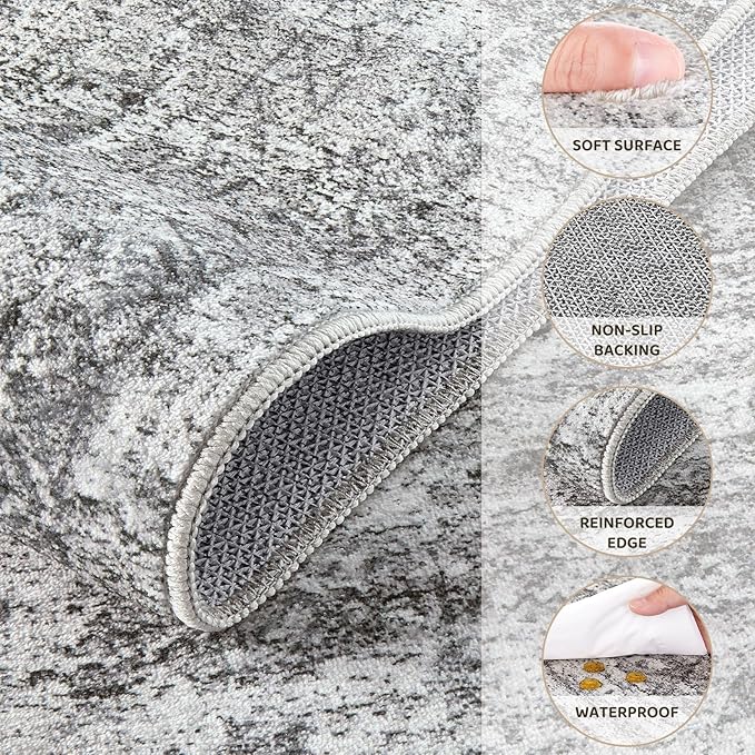 3x5 Area Rug Living Room Rugs - Washable Neutral Modern Abstract Soft Thin Rug Indoor Floor No Slip Rug Carpet for Bedroom Under Dining Table Home Office Decor - Light Gray