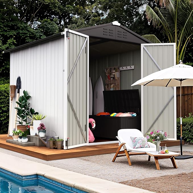 Flamaker 6x8 FT Storage Shed Waterproof Metal Garden Shed with Lockable Door Utility Tool Shed Outdoor Storage for Backyard, Patio and Lawn, White