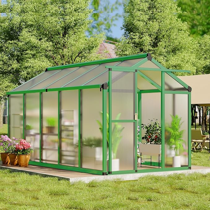 6x10 FT Greenhouse, Easy Assembly Aluminum Polycarbonate Greenhouses for Outdoors with Roof Vent, Large Aluminum Walk-in Greenhouse for Sunroom Patio, Backyard, Garden, Sliding Lockable Door, Green