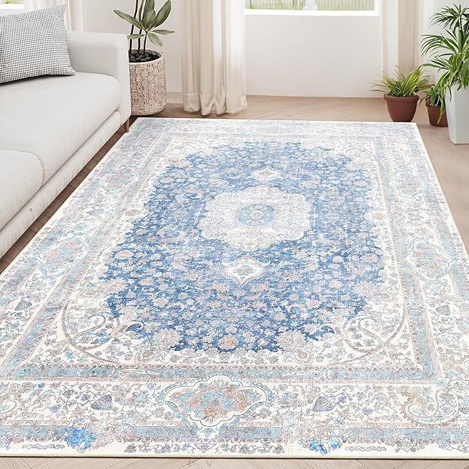 5x7 Area Rugs Washable,Blue Rug for Living Room Bedroom Kitchen,Large Boho Vintage Bohemian Distressed Carpet Non Slip,Floral