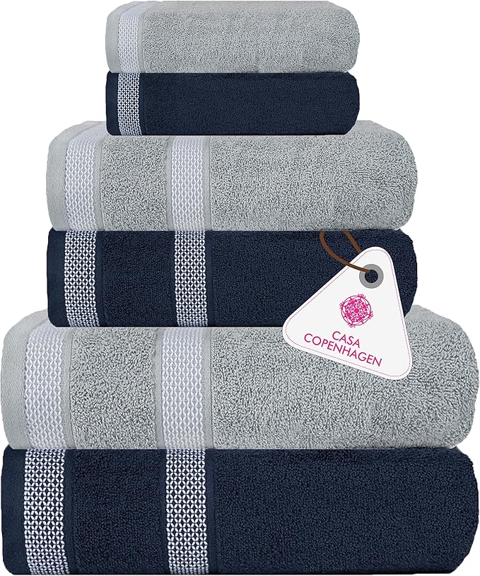 CASA COPENHAGEN Solitaire Mix 6 Pieces Towel Set- Grey Violet + Navy, 600 GSM 2Bath Towel 2Hand Towel 2Washcloth, Designed in Denmark Made of Soft Egyptian Cotton for Bathroom, Kitchen & Shower