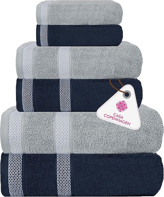 CASA COPENHAGEN Solitaire Mix 6 Pieces Towel Set- Grey Violet + Navy, 600 GSM 2Bath Towel 2Hand Towel 2Washcloth, Designed in Denmark Made of Soft Egyptian Cotton for Bathroom, Kitchen & Shower
