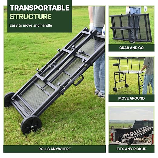 Goat Stand with Adjustable Headpiece & Legs, Goat Milking Stand with Feeder, Rails & Wheels, Stanchion for Grooming & Hoof Trimming, Sheep Stand for Shearing Heavy-Duty Steel Platform, Black