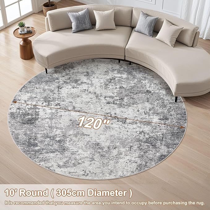 10ft Round Area Rug Living Room Rugs - 10x10 Washable Large Neutral Modern Abstract Soft Thin Rug Indoor Floor No Slip Rug Carpet for Bedroom Under Dining Table Home Office Decor - Grey