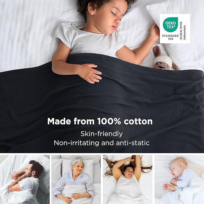 Bedsure GentleSoft 100% Cotton Blanket King Size for Bed - Breathable and Lightweight, Soft Cozy Textured Herringbone Woven Blanket for Summer, Black, 108x90 inches
