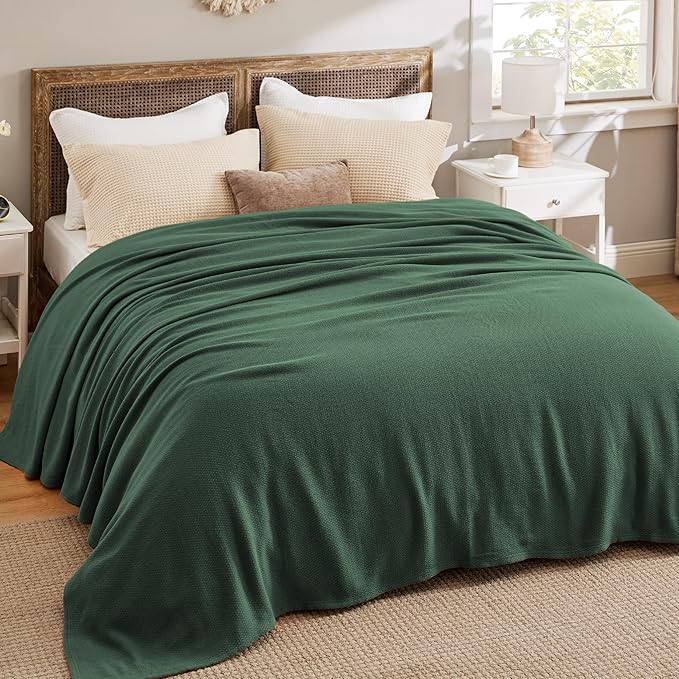 Bedsure GentleSoft 100% Cotton Blanket King Size for Bed - Breathable and Lightweight, Soft Cozy Textured Herringbone Woven Blanket for Summer, Dark Green, 108x90 inches