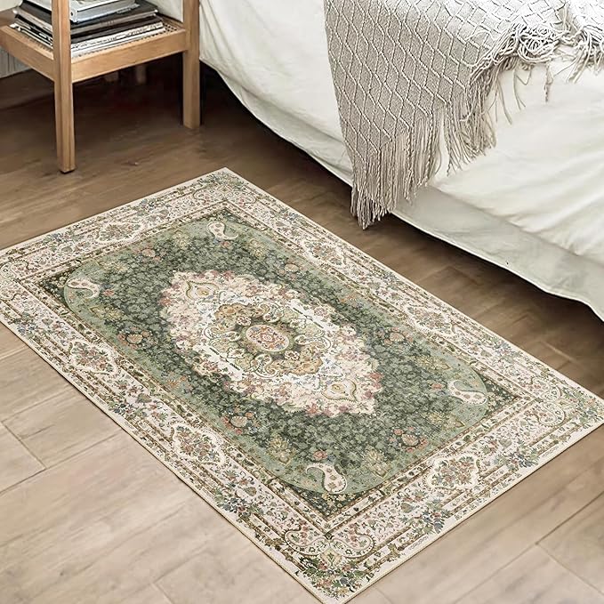 Small Rugs 2x3,Green Rug for Entryway Bathroom Bedroom Kitchen Entrance Doormat,Boho Vintage Bohemian Distressed Washable Accent Floor Throw Carpet Non Slip,Floral