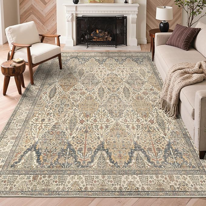 GENIMO 8x10 Area Rugs for Living Room, Machine Washable Non Slip Vintage Rugs, Low Pile Lightweight Chenille Print Rug for Bedroom, Dining Room, Home Office, Beige Khaki