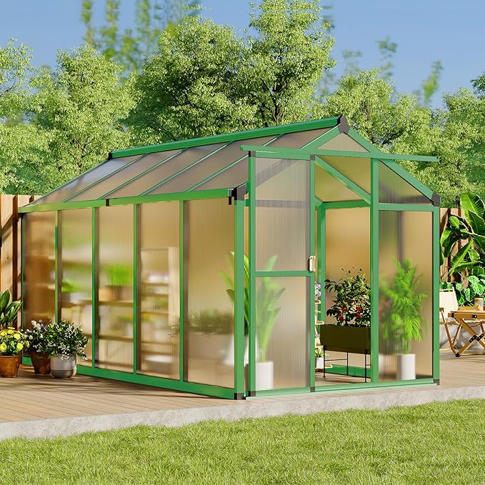 6x10 FT Greenhouse, Easy Assembly Aluminum Polycarbonate Greenhouses for Outdoors with Roof Vent, Large Aluminum Walk-in Greenhouse for Sunroom Patio, Backyard, Garden, Sliding Lockable Door, Green